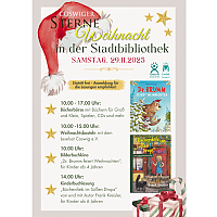 Das Bild zeigt das Plakat der Stadtbibliothek Coswig zur SterneWeihnacht 2025.